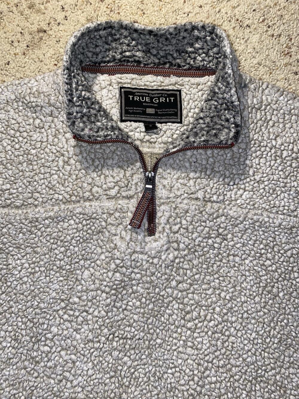 True Grit Mens Medium Gray Sherpa Fleece Pullover 1/4 Zip Teddy Outdoor Jacket